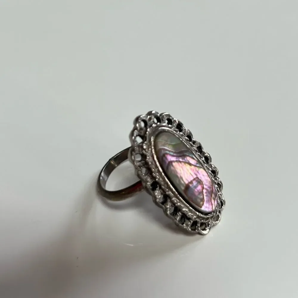 Vintage Silver Mexican Navajo Iridescent Abalone Moonstone Filigree Oval Ring